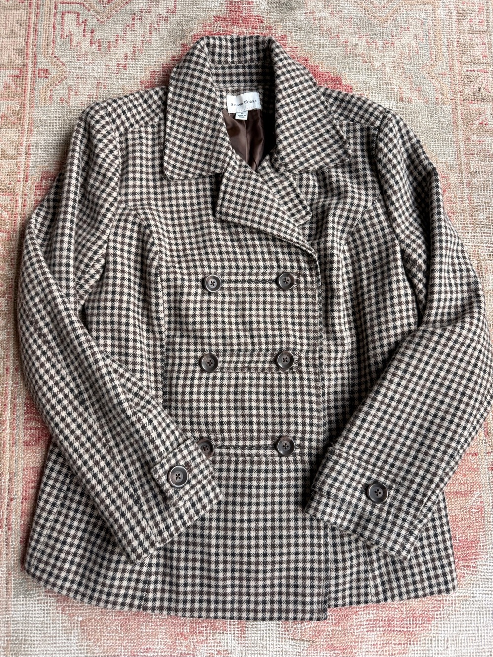 Studio Works Tan & Brown Houndstooth Double-Breasted Peacoat